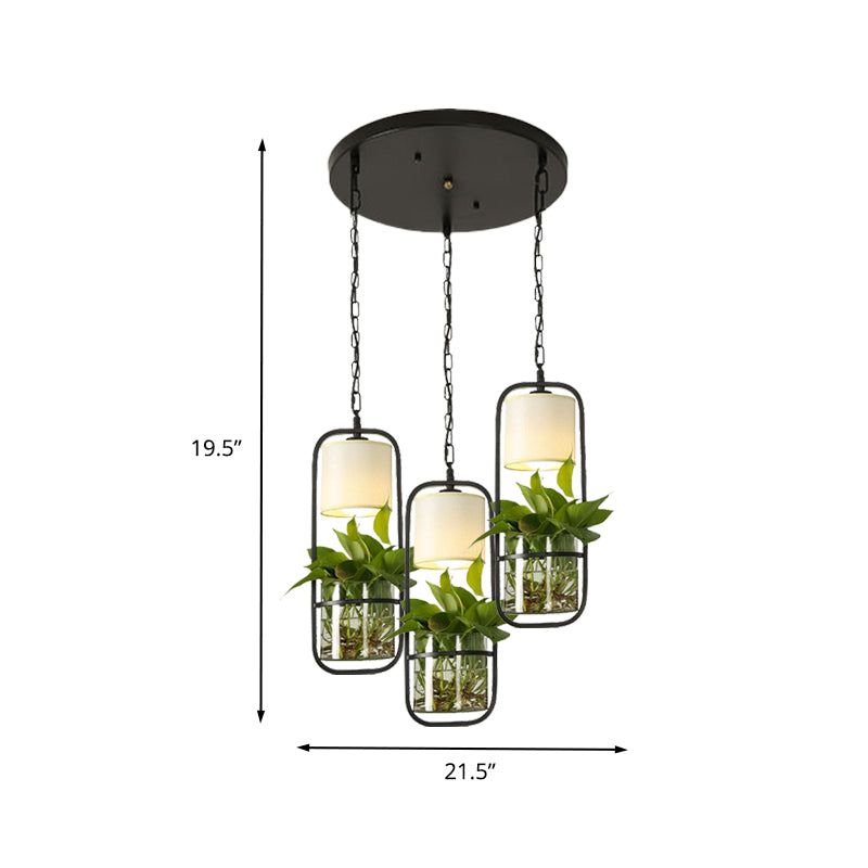 Cylinder Restaurant Cluster Pendant Vintage 3 Heads Black Suspension Lighting Fixture with Round/Linear Canopy