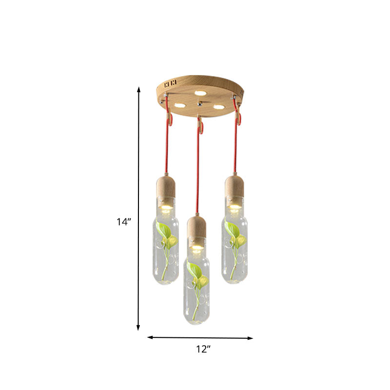 Lámpara de techo LED de botella de metal de clúster de madera 3/5/7 bulbos con contenedor de plantas para sala de estar