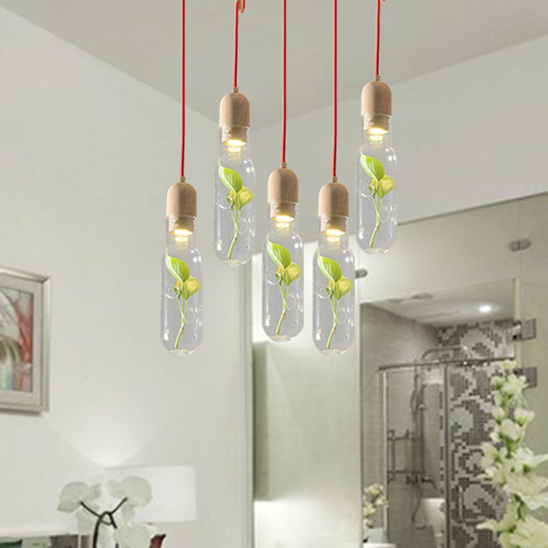 Hout 3/5/7 bollen cluster hanger antieke metalen fles LED plafondlamp met plantencontainer voor woonkamer