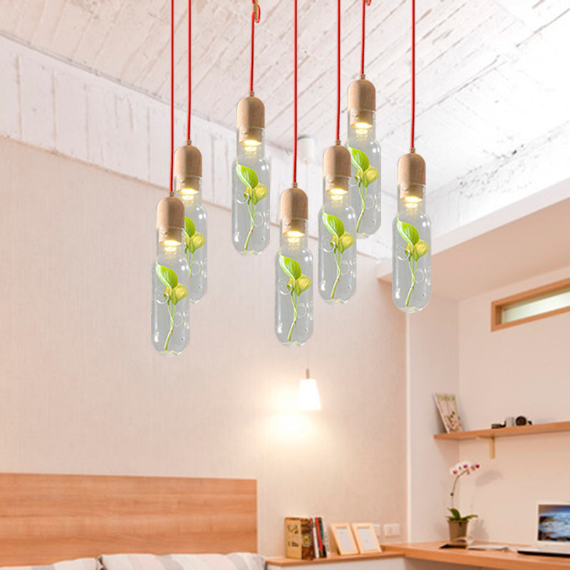 Wood 3/5/7 Bulbs Cluster Pendant Antique Metal Bottle LED Ceiling Lamp with Plant Container for Living Room