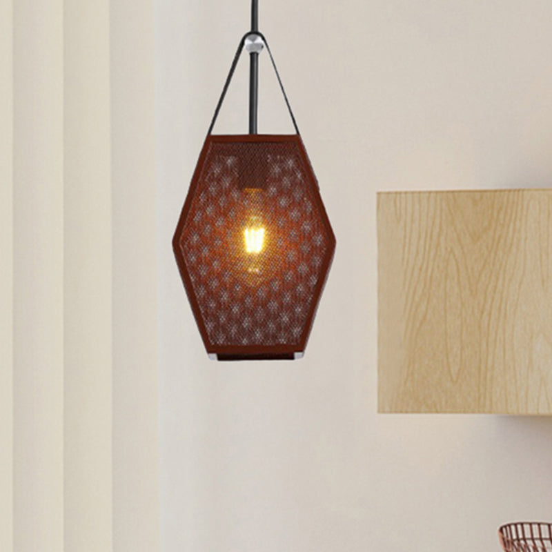 1 Éclairage pendentif de tête Vintage Pentagone Mesh Screen Metal Hanging Plafond Lampe en marron, 8 "/ 10" de large