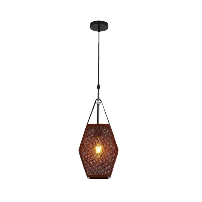 1 kop hanglampverlichting vintage pentagon mesh scherm metalen hangende plafondlamp in bruin, 8 "/10" breed