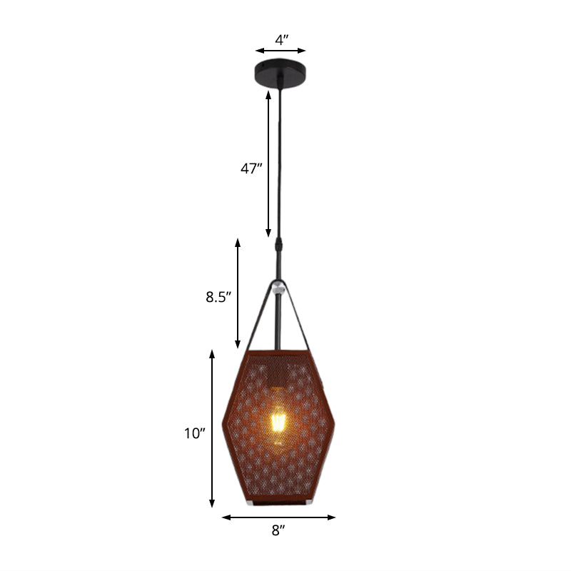 1 kop hanglampverlichting vintage pentagon mesh scherm metalen hangende plafondlamp in bruin, 8 "/10" breed