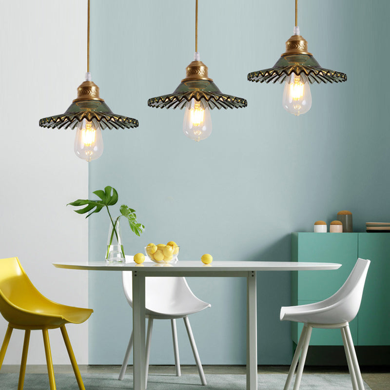 Green Prismatic Glass Scalloped Pendant Vintage 1 Light Dining Room Hanging Ceiling Lighting