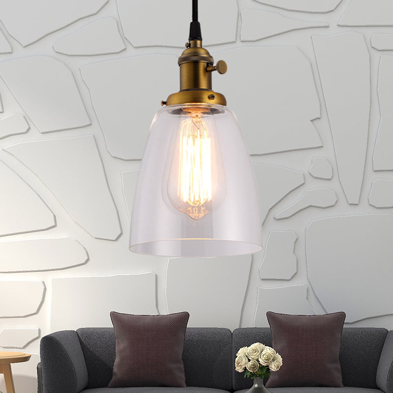 Bell Clear Glass Hanging Light Kit Industrial 1 bol woonkamer hanglamp met brons/messing/koperen top