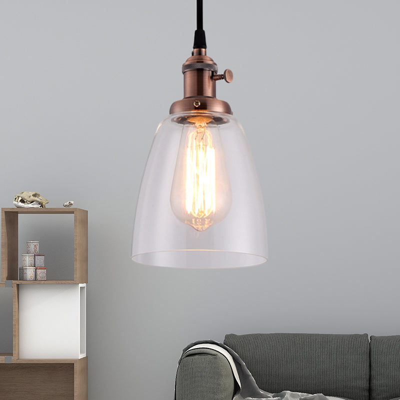 Bell Clear Glass Hanging Light Kit Industrial 1 bol woonkamer hanglamp met brons/messing/koperen top