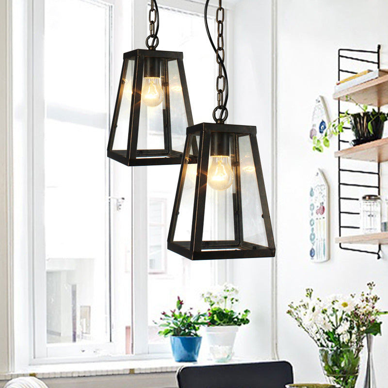 Metal Trapezoid Pendant Lighting Industrial 1 Bulb Living Room Ceiling Hang Fixture in Black