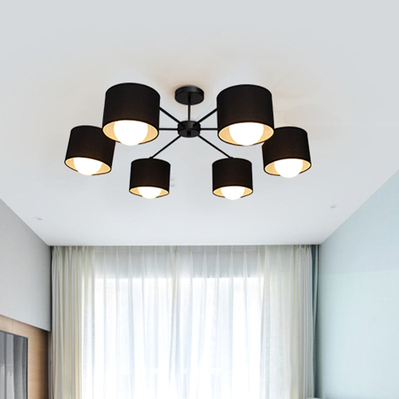 Black Round Semi Flush Ceiling Light Modern 3/6 Bulbs Fabric Flush Mount Chandelier for Sitting Room