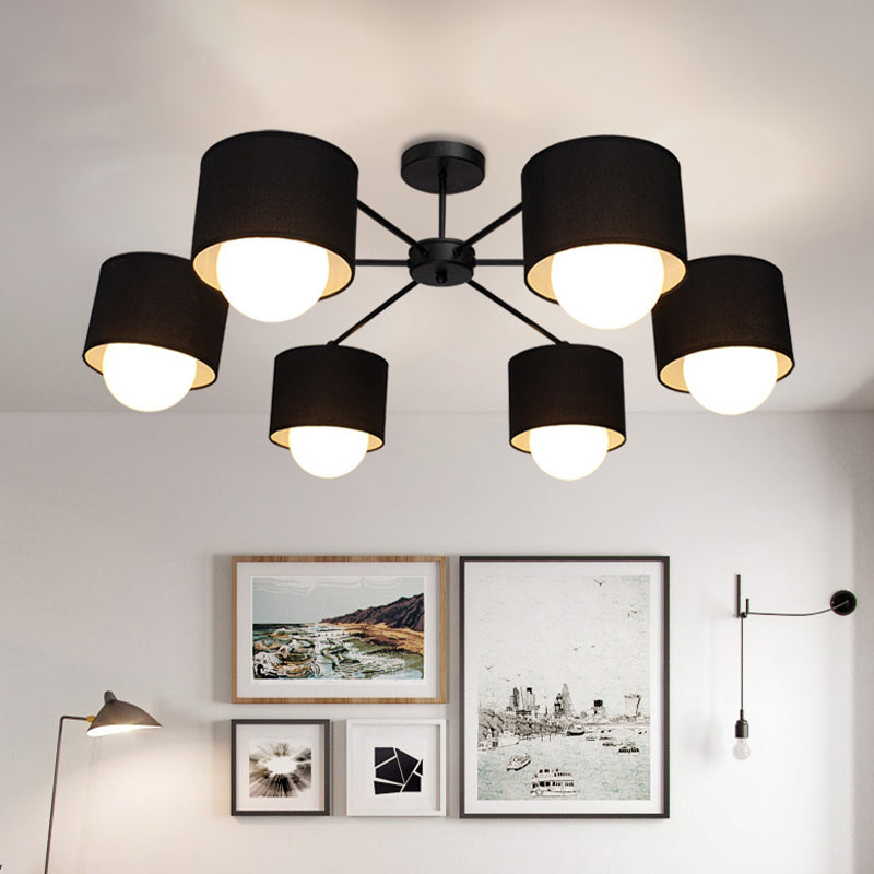 Black Round Semi Flush Plafond Light moderne 3/6 Bulbes Tissu Fush Flush Mount Chandelier pour salon