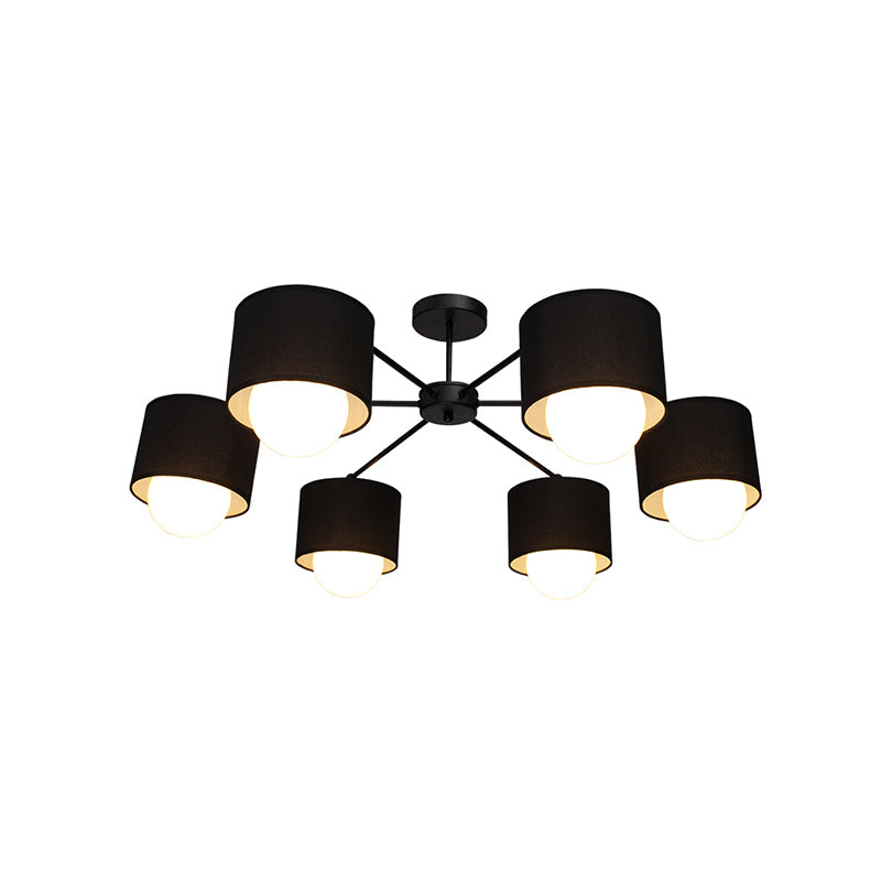 Black Round Semi Flush Ceiling Light Modern 3/6 Bulbs Fabric Flush Mount Chandelier for Sitting Room