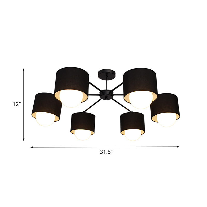 Black Round Semi Flush Plafond Light moderne 3/6 Bulbes Tissu Fush Flush Mount Chandelier pour salon