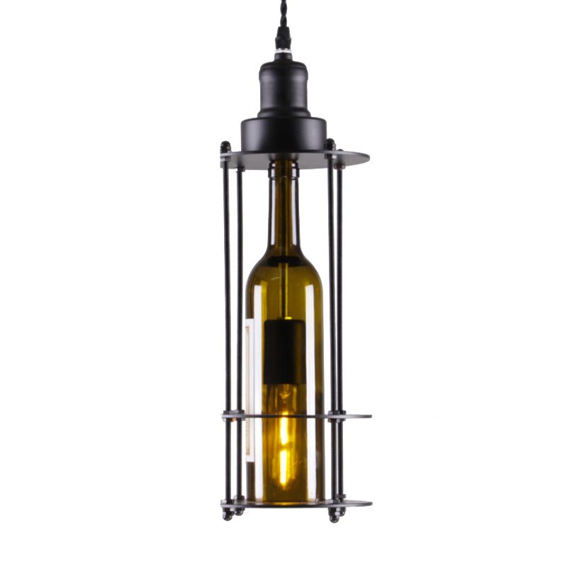 1 Light Hanging Light with Wine Bottle Glass Shade Industrial Style Kitchen Pendant Lamp in Green