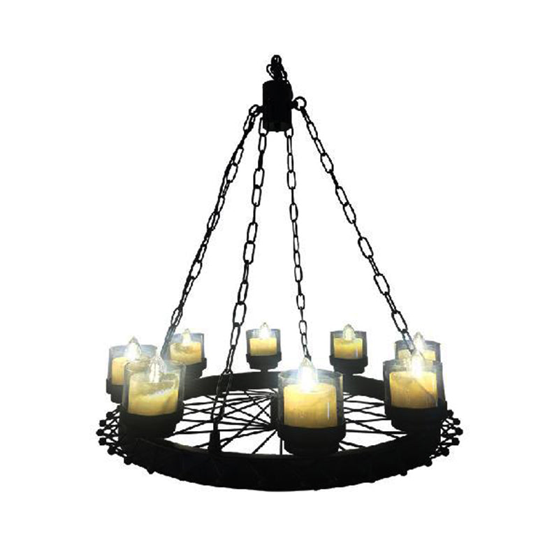 Vintage Candle Ceiling Light Fixture with Cylinder Shade and Wheel 8-Light Iron Chandelier Lighting in Black for Restaurant