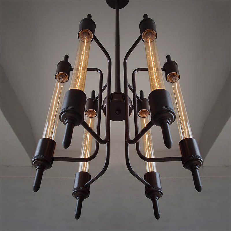 6 lichten lineair hangend licht met kale lamp boerderij zwarte metalen hanger lamp voor restaurant