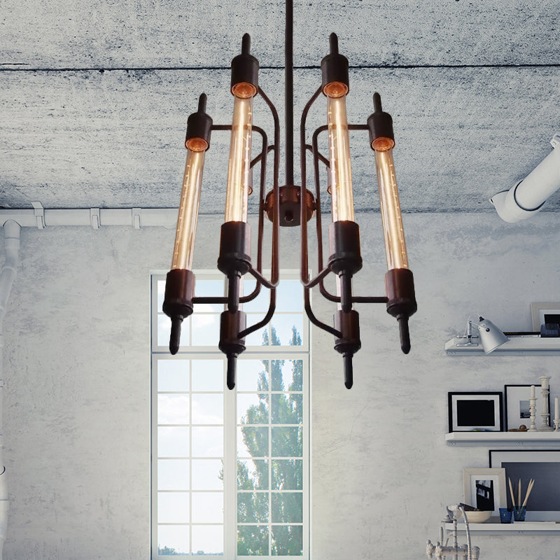 6 Lights Linear Hanging Light with Bare Bulb Farmhouse Black Metal Pendant Lamp for Restaurant