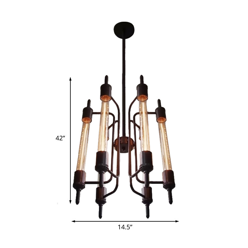 6 Lights Linear Hanging Light with Bare Bulb Farmhouse Black Metal Pendant Lamp for Restaurant
