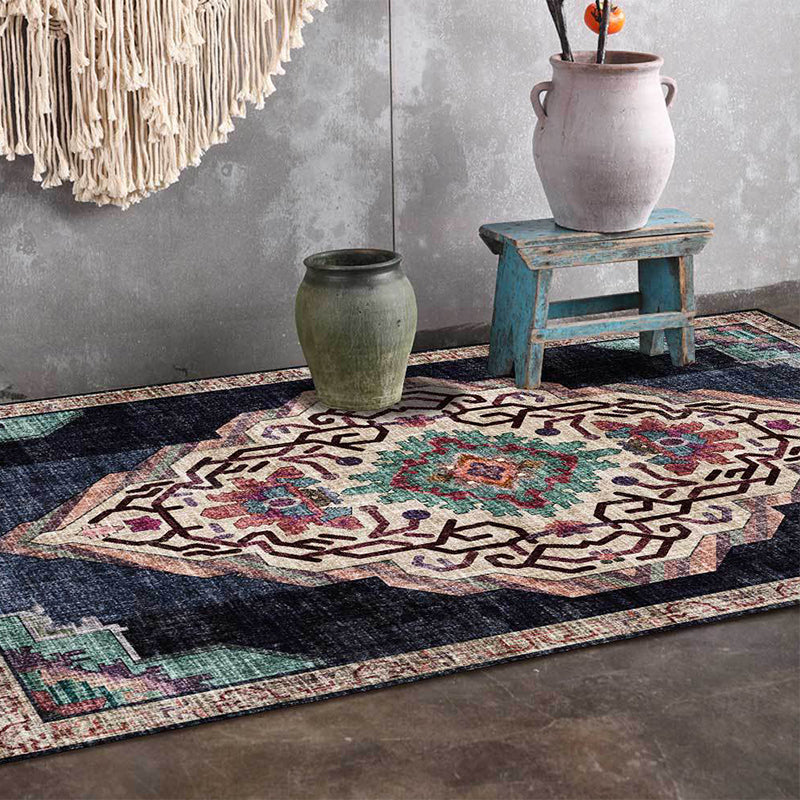 Vintage Medallion Pattern Rug Black Polyester Rug Machine Washable Non-Slip Area Rug for Living Room