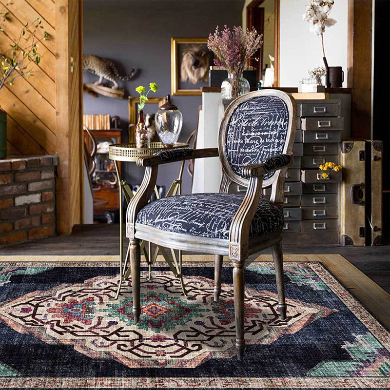 Tapis de motif médaillon vintage Machine de polyester noir tapis lavable sans glissement pour salon