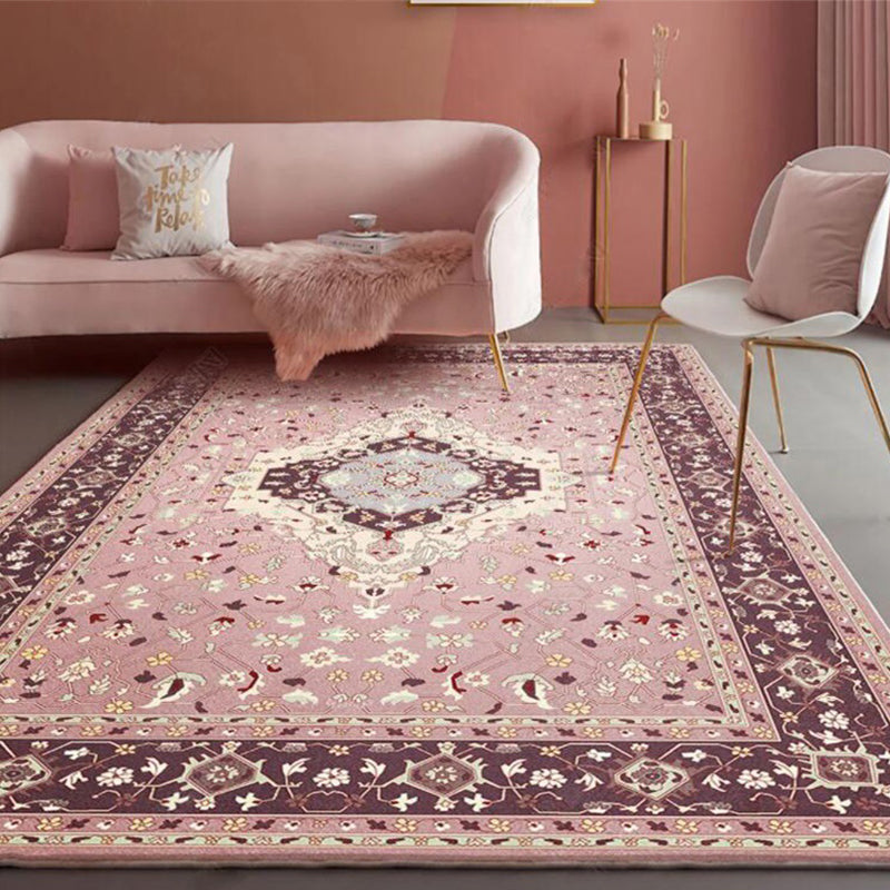 Pink Mediterranean Rug Polyester Medallion and Floral Print Rug Washable Non-Slip Backing Carpet for Living Room