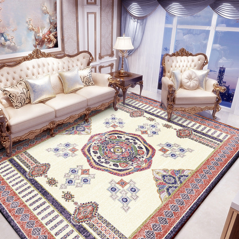 Beige und roter Vintage-Teppich Polyester Medaillon Muster Teppich waschbarer Rutsch-Rücken Teppich für Wohnzimmer