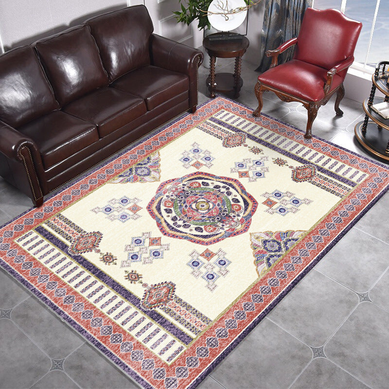 Beige and Red Vintage Rug Polyester Medallion Pattern Rug Washable Non-Slip Backing Carpet for Living Room