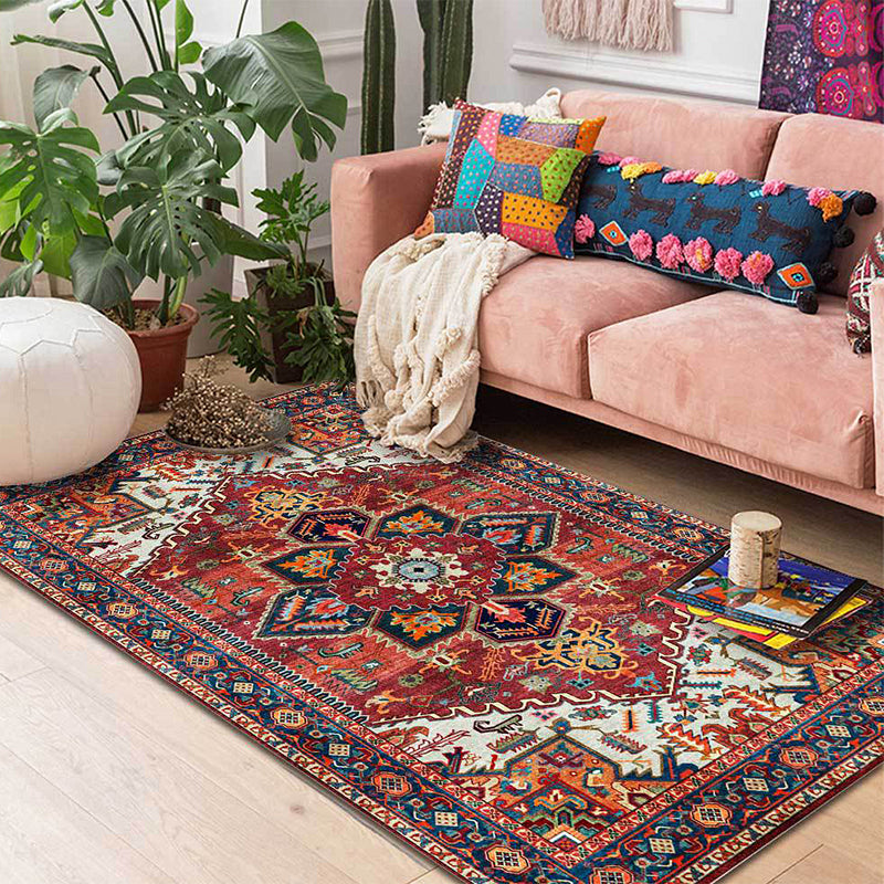 Retro Medallion Pattern Rug Red Persian Rug Polyester Machine Washable Anti-Slip Area Rug for Bedroom