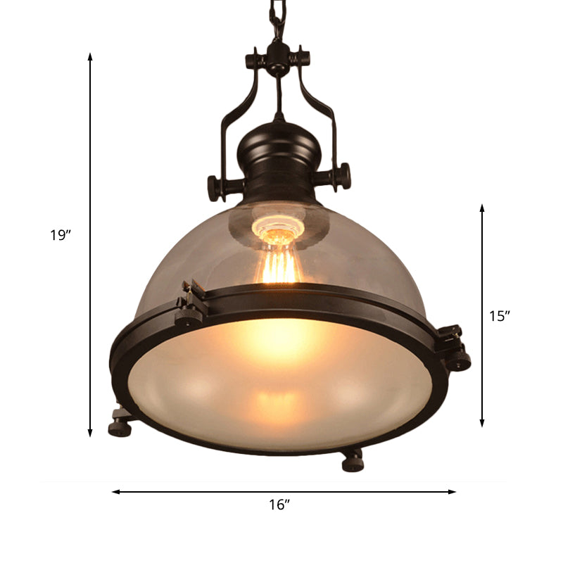 1-Light Dome Shade Pendant Lighting Fixture Industrial Black Clear Glass Hanging Ceiling Light with Trim Ring