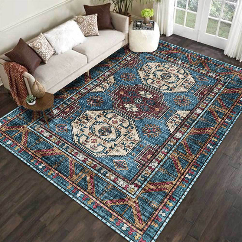 Moroccan Medallion Pattern Rug Blue Polyester Rug Machine Washable Non-Slip Area Rug for Living Room