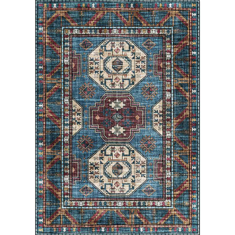 Moroccan Medallion Pattern Rug Blue Polyester Rug Machine Washable Non-Slip Area Rug for Living Room