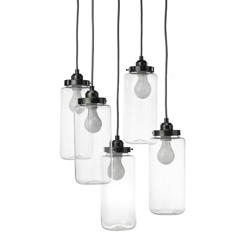 Black Cylinder Multi Pendant with Round Canopy Industrial Clear Glass 5-Light Coffee Shop Hanging Ceiling Light