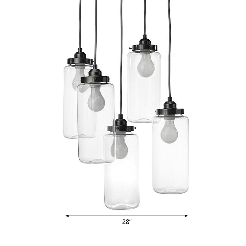 Black Cylinder Multi Pendant with Round Canopy Industrial Clear Glass 5-Light Coffee Shop Hanging Ceiling Light