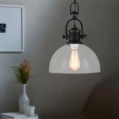 Farmhouse Dome Pendante Lampe 1-Light Glass Glass Sanging Lightture en noir