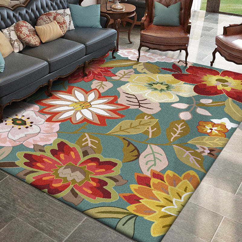 Blue Vintage Rug Polyester Floral Pattern Rug Washable Non-Slip Backing Carpet for Living Room