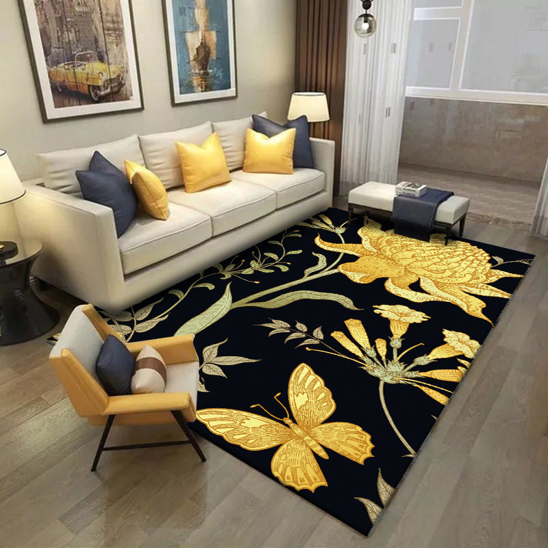 Tapis vintage noir et jaune polyester floral et motif de feuilles tapis de support sans glissement lavable pour le salon