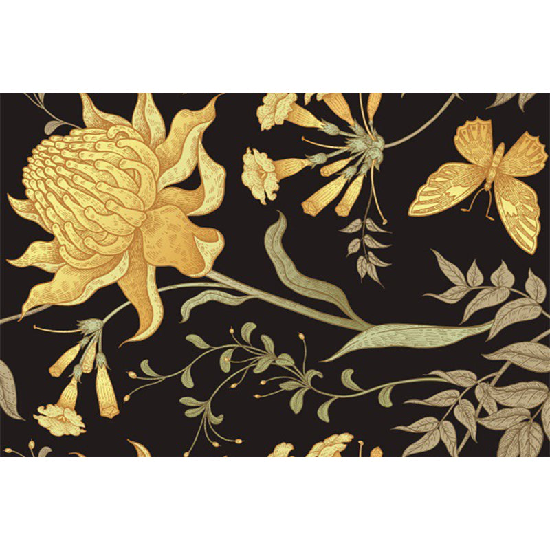 Black and Yellow Vintage Rug Polyester Floral and Leaf Pattern Rug Washable Non-Slip Backing Carpet for Living Room