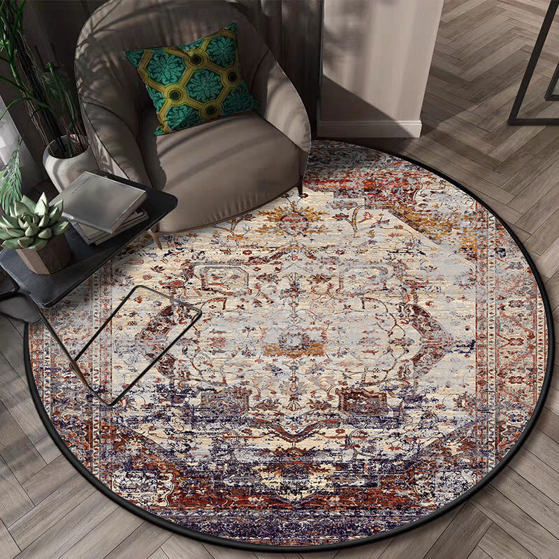 Shabby Chic Medallion Pattern Rug Red and Brown Polyester Rug Machine Washable Non-Slip Area Rug for Bedroom