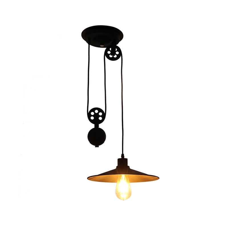 1 Light Pulley Pendant Light with Flared Shade Farmhouse Style Black Metal Hanging Lamp for Indoor