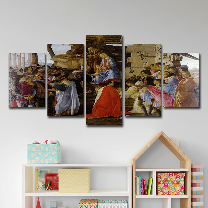 Religious Jesus Preaching Painting Modern Multi-Piece Dining Room Wall Art Decor in Red