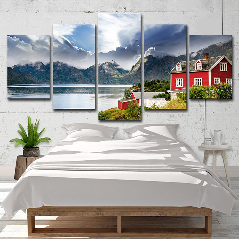 Norway Mountain Lake Scenery Canvas Print Red Modernist Wall Art for Bedroom