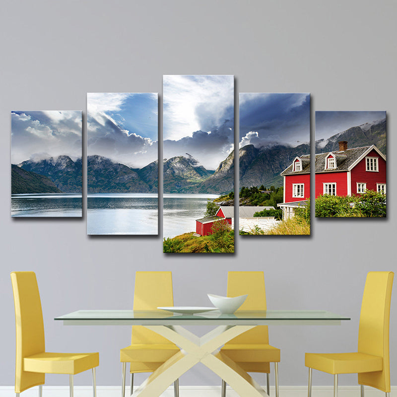 Norway Mountain Lake Scenery Canvas Print Red Modernist Wall Art for Bedroom