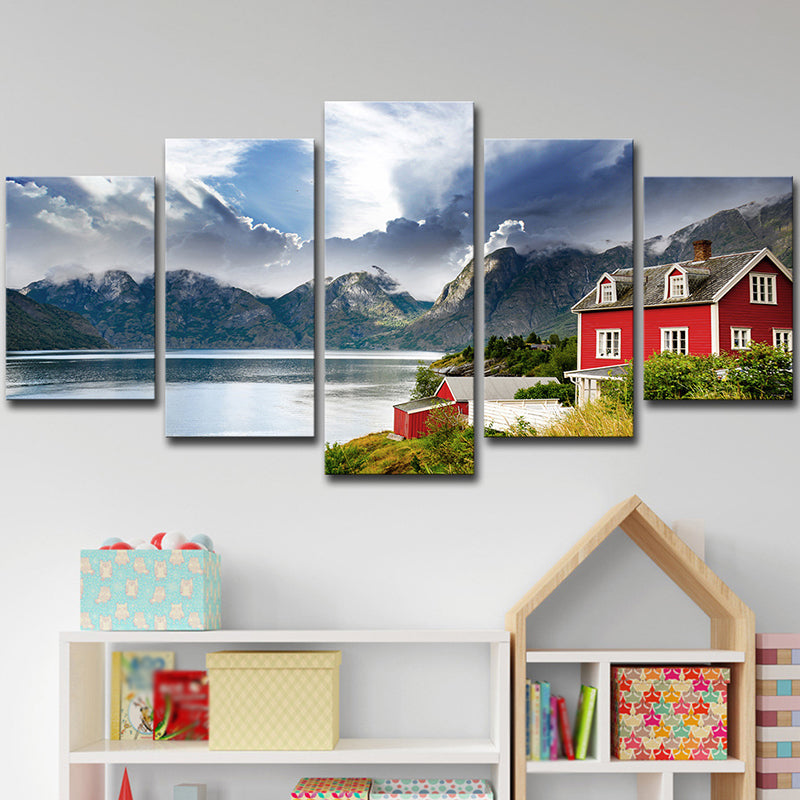 Norway Mountain Lake Scenery Canvas Print Red Modernist Wall Art for Bedroom