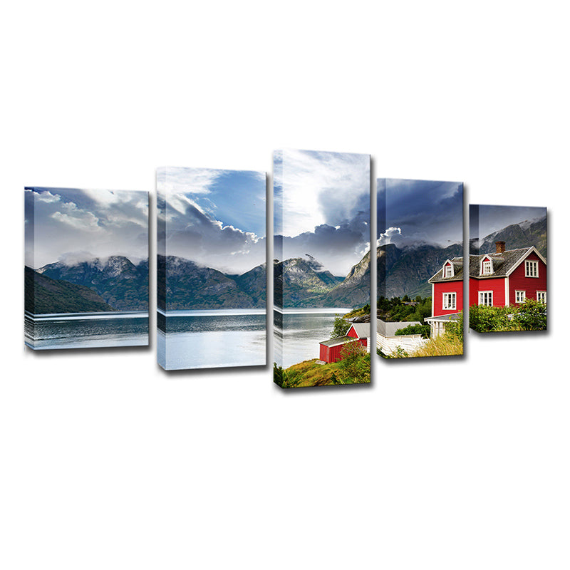 Norway Mountain Lake Scenery Canvas Print Red Modernist Wall Art for Bedroom