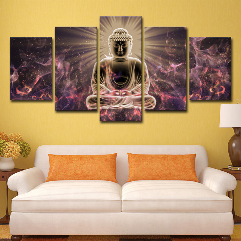 Glittering Buddhist Wall Art Print for Sitting Room Religious Canvas in Purple-Black