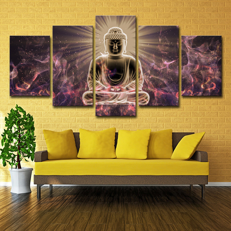 Glittering Buddhist Wall Art Print for Sitting Room Religious Canvas in Purple-Black