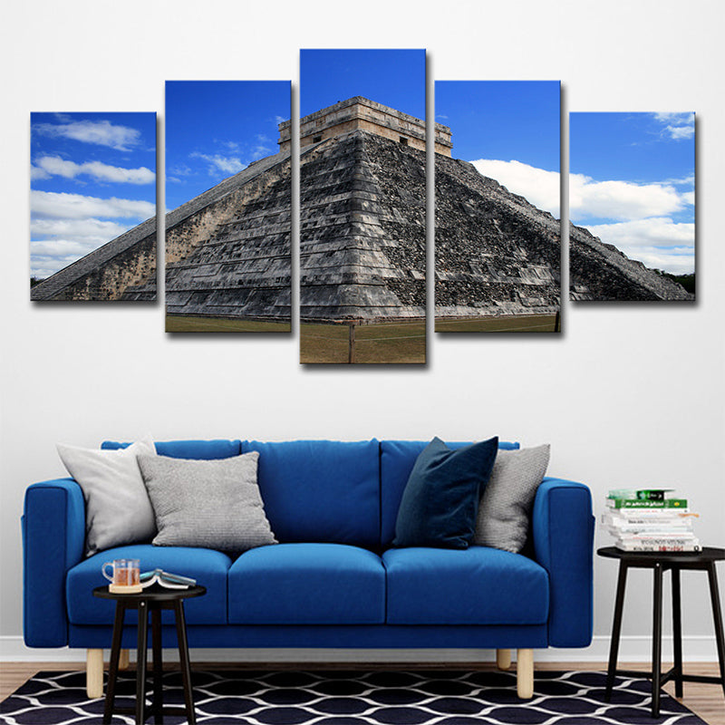 Maya Pyramid Exterior View Art Print Global Inspired Canvas Wall Decor in Sky Blue