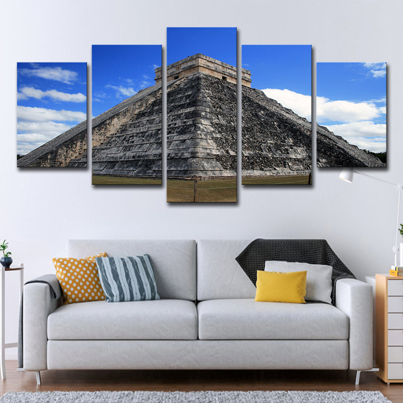 Maya Pyramid Exterior View Art Print Global Inspired Canvas Wall Decor in Sky Blue