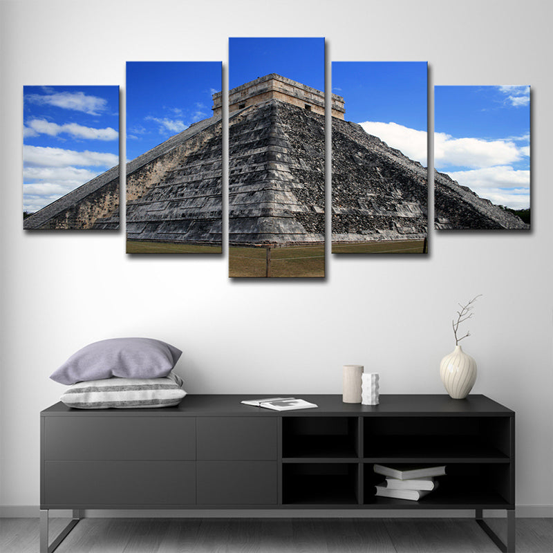 Maya Pyramid Exterior View Art Print Global Inspired Canvas Wall Decor in Sky Blue