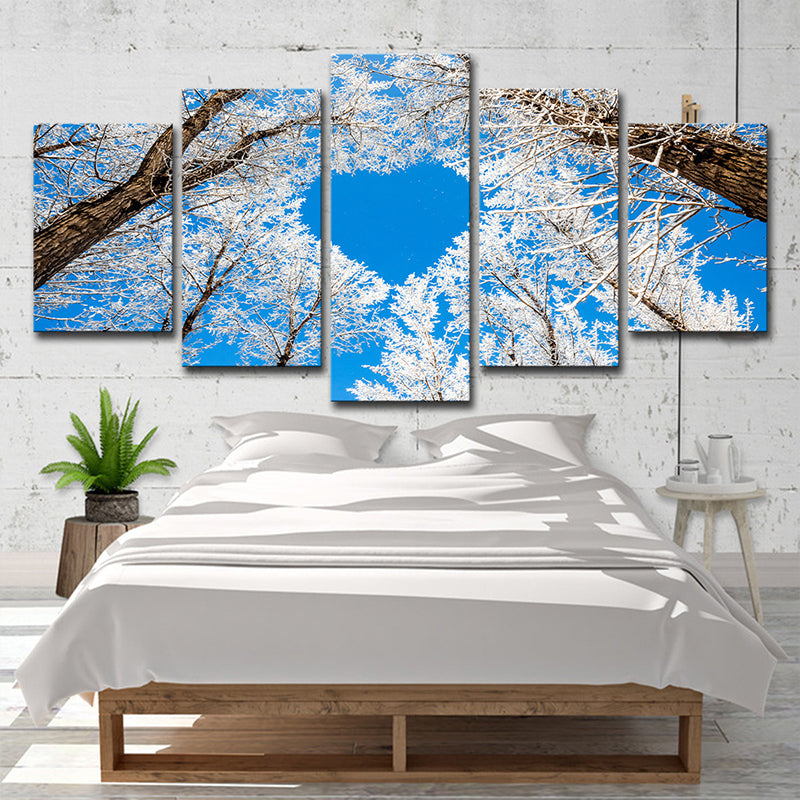 Nordic Winterscape Wall Art Decor Blue Heart Shaped Tree Branch Canvas Print for Bedroom