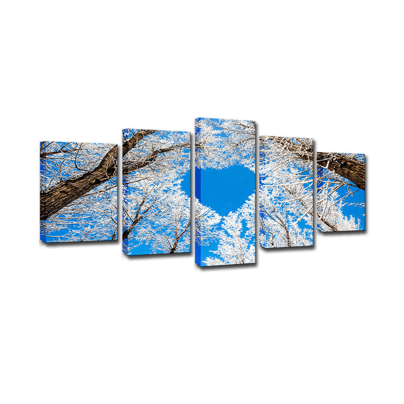 Nordic Winterscape Wall Art Decor Blue Heart Shaped Tree Branch Canvas Print for Bedroom