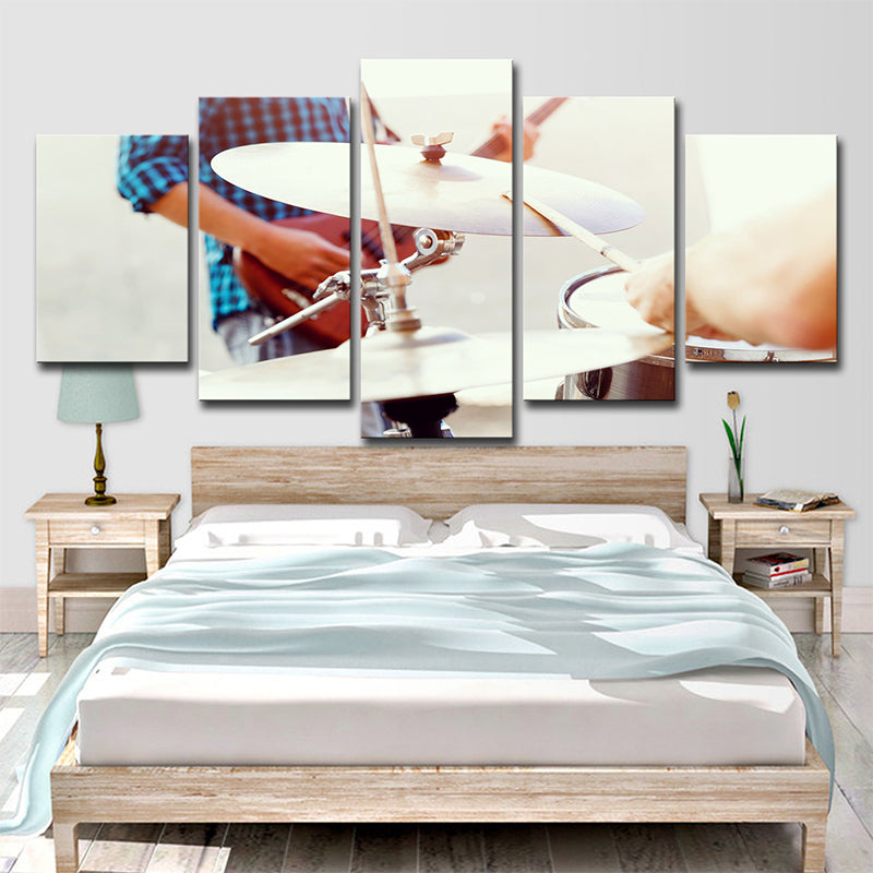 Modern Drum Beats Canvas Print White Musical Wall Art for Bedroom, Multi-Piece